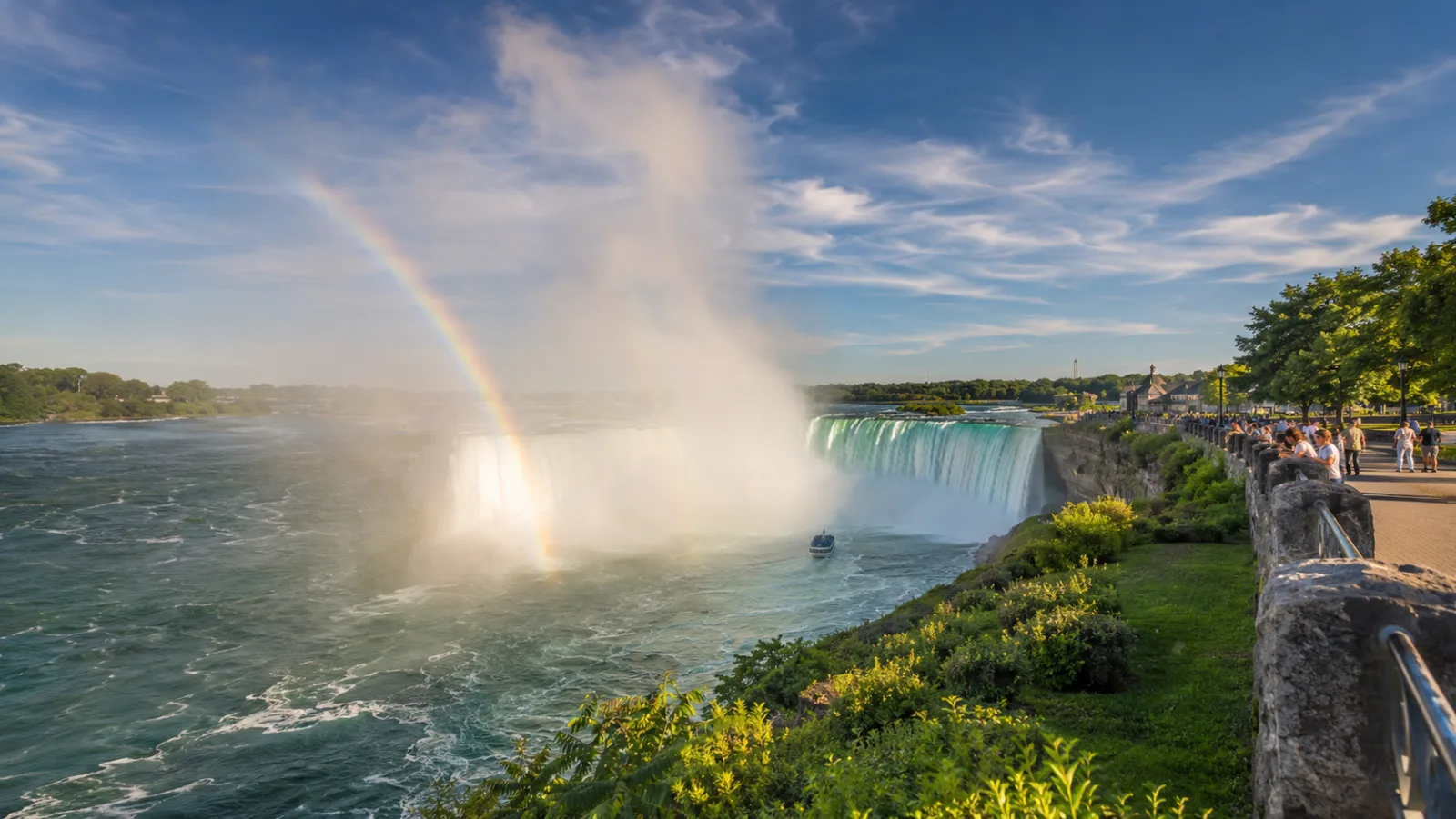 The Canadian Horseshoe Falls in bright daylight with a rainbow in the rising mist, seen from the Table Rock promenade on the Niagara Parkway