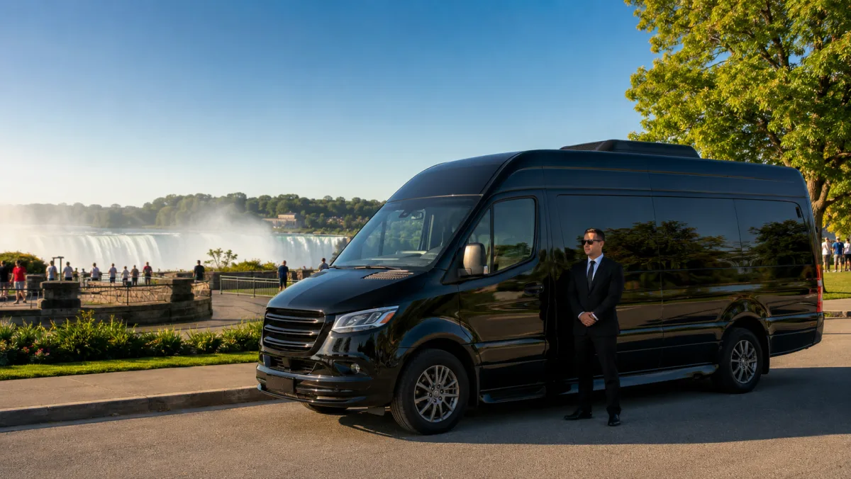 Black Mercedes-Benz Sprinter van with chauffeur — group Niagara Falls tour from Toronto